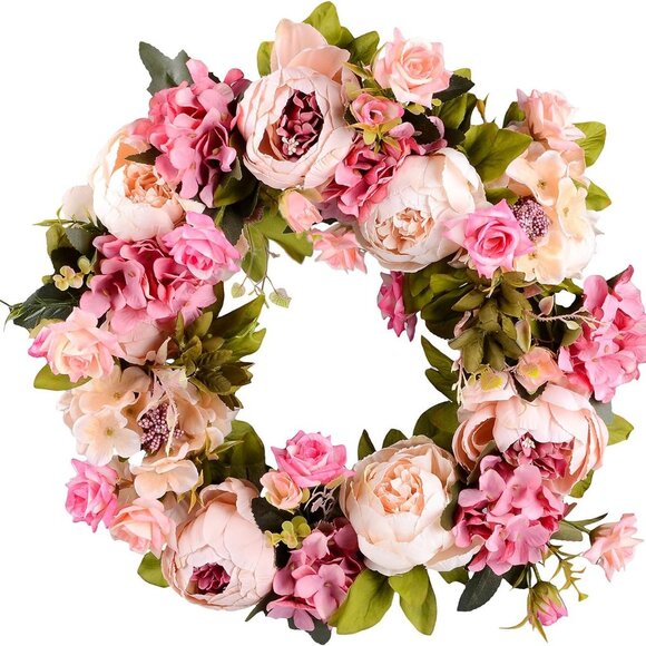 Artificial Peony Flower Wreath - 15" Pink Flower Door Wreath Spring with Green L - Picture 1 of 7